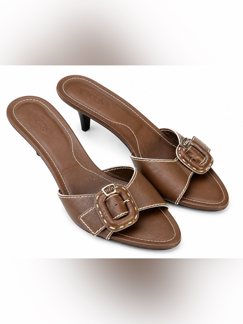 Tod’s Brown Leather Slide Sandals Buckle Mule Kitten Heel Size 8 Italy